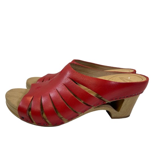 Dansko Shoes - Dansko Red Leather Wood Heeled Clogs Embroidery Mule Slip On Sz EU41 US 8.5/9